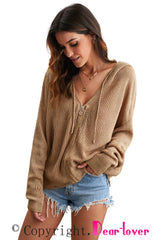 Khaki Zipper V-neck Dropped Sleeve Hooded Solid Sweater Sweaters & Cardigans JT's Designer Fashion