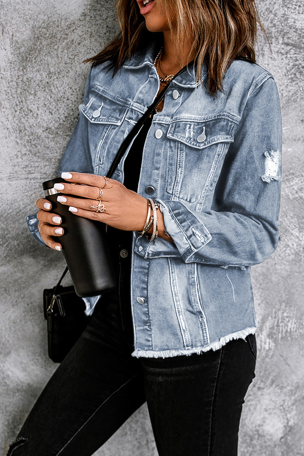 Sky Blue Lapel Distressed Raw Hem Buttons Denim Jacket Denim Jackets JT's Designer Fashion