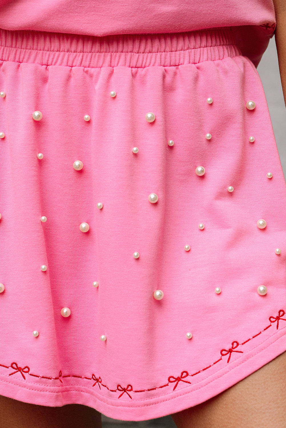 Pink Contrast Bow Trim Pearl Puff Sleeve Blouse and Skort 2pcs Set Short Sets JT's Designer Fashion