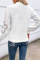 White Contrast Flower Half Zipper Stand Neck Sweater Sweaters JT's Designer Fashion