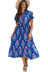 Sky Blue Floral Puff Short Sleeve V Neck High Waist Maxi Dress Floral Dresses JT's Designer Fashion