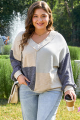 Ashleigh Blue Plus Size Textured Colorblock Patchwork V Neck Top Plus Size Long Sleeve Tops JT's Designer Fashion