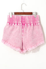 Pink Washed Wide Smocked Waistband Frayed Denim Shorts Denim Shorts JT's Designer Fashion