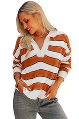 Brown Stripe Ribbed Polo Collar Drop Shoulder Sweater Sweaters JT's Designer Fashion