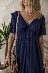 Navy Blue V Neck Buttoned Front Shirred Back Short Sleeve Midi Dress Dresses JT's Designer Fashion