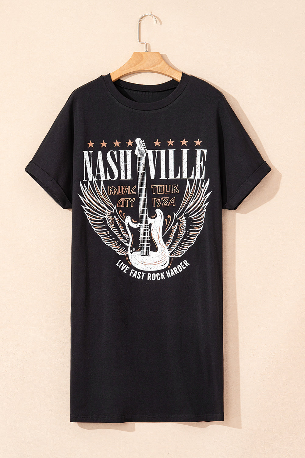 Black Nashville Guitar Print Crew Neck T Shirt Mini Dress T Shirt Dresses JT's Designer Fashion