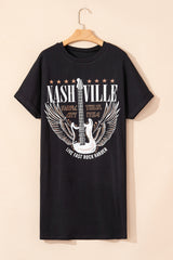 Black Nashville Guitar Print Crew Neck T Shirt Mini Dress T Shirt Dresses JT's Designer Fashion