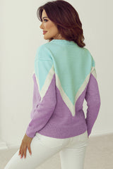 Green Chevron Colorblock Ribbed Knit Drop Shoulder Sweater Sweaters JT's Designer Fashion