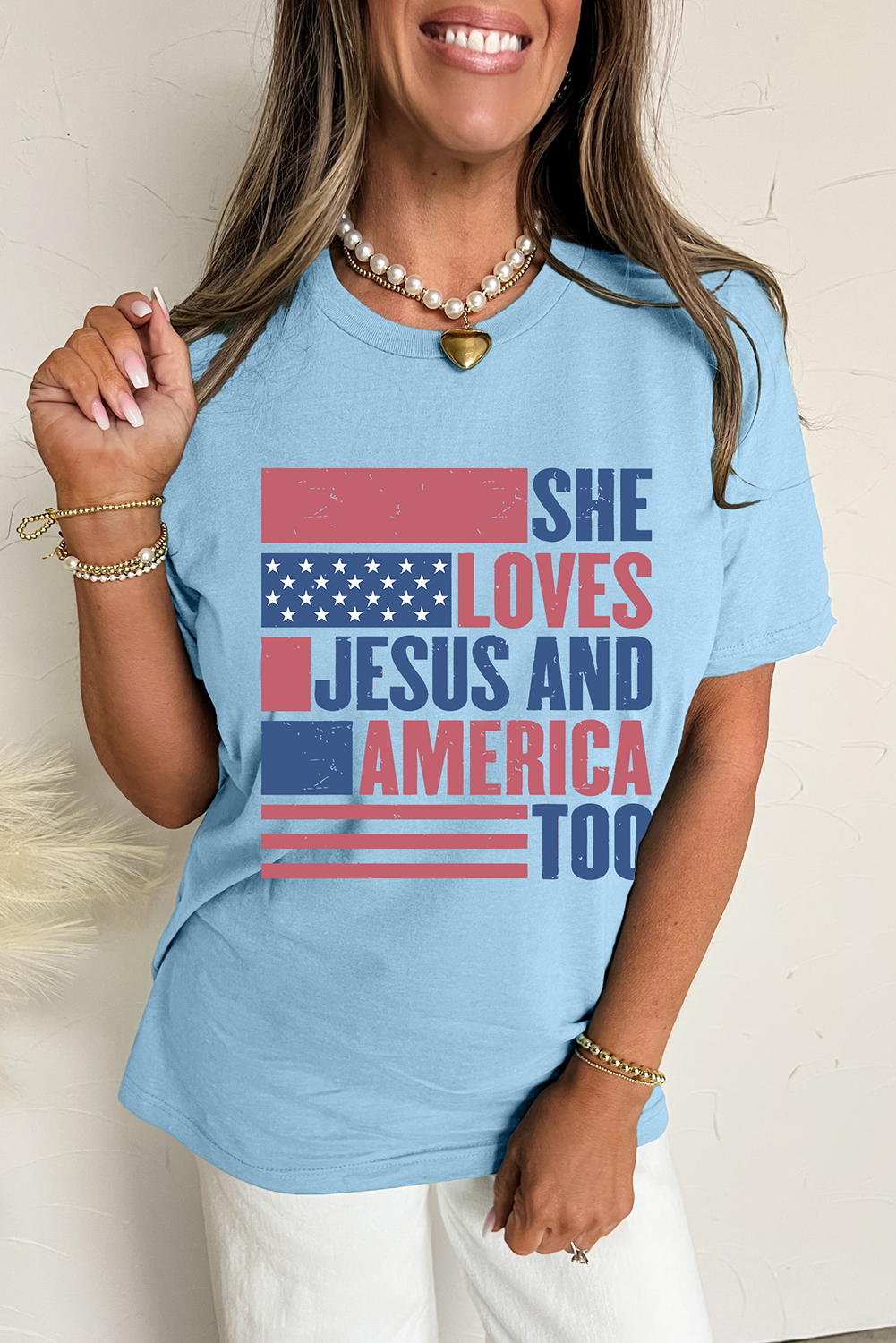 Light Blue SHE LOVES JESUS AND AMERICA TOO Flag Graphic T Shirt Graphic Tees JT's Designer Fashion