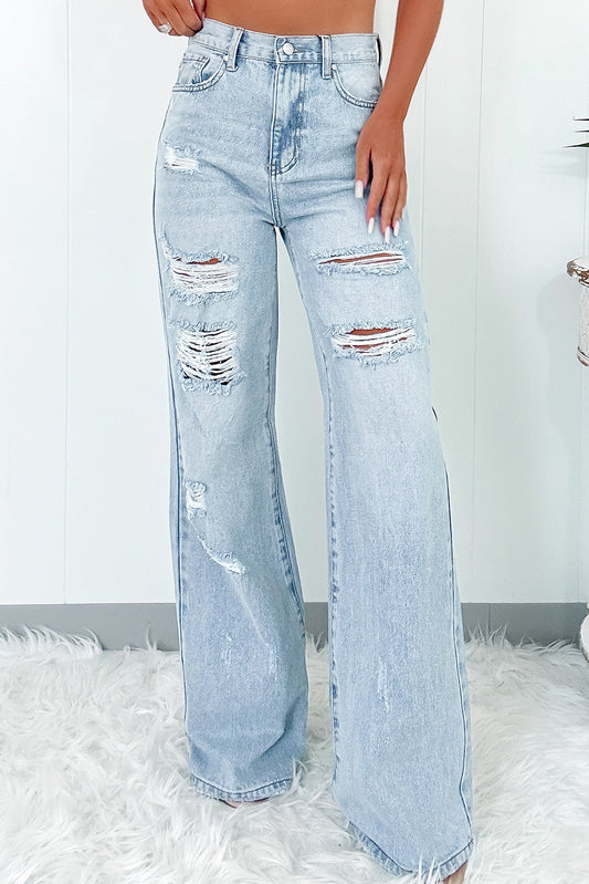 Beau Blue Light Wash Distressed High Waist Wide Leg Jeans Beau Blue 93%Cotton+5%polyester+2%Elastane Jeans JT's Designer Fashion