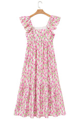 Pink Floral Print Square Neck Ruffled Strap Maxi Dress Floral Dresses JT's Designer Fashion