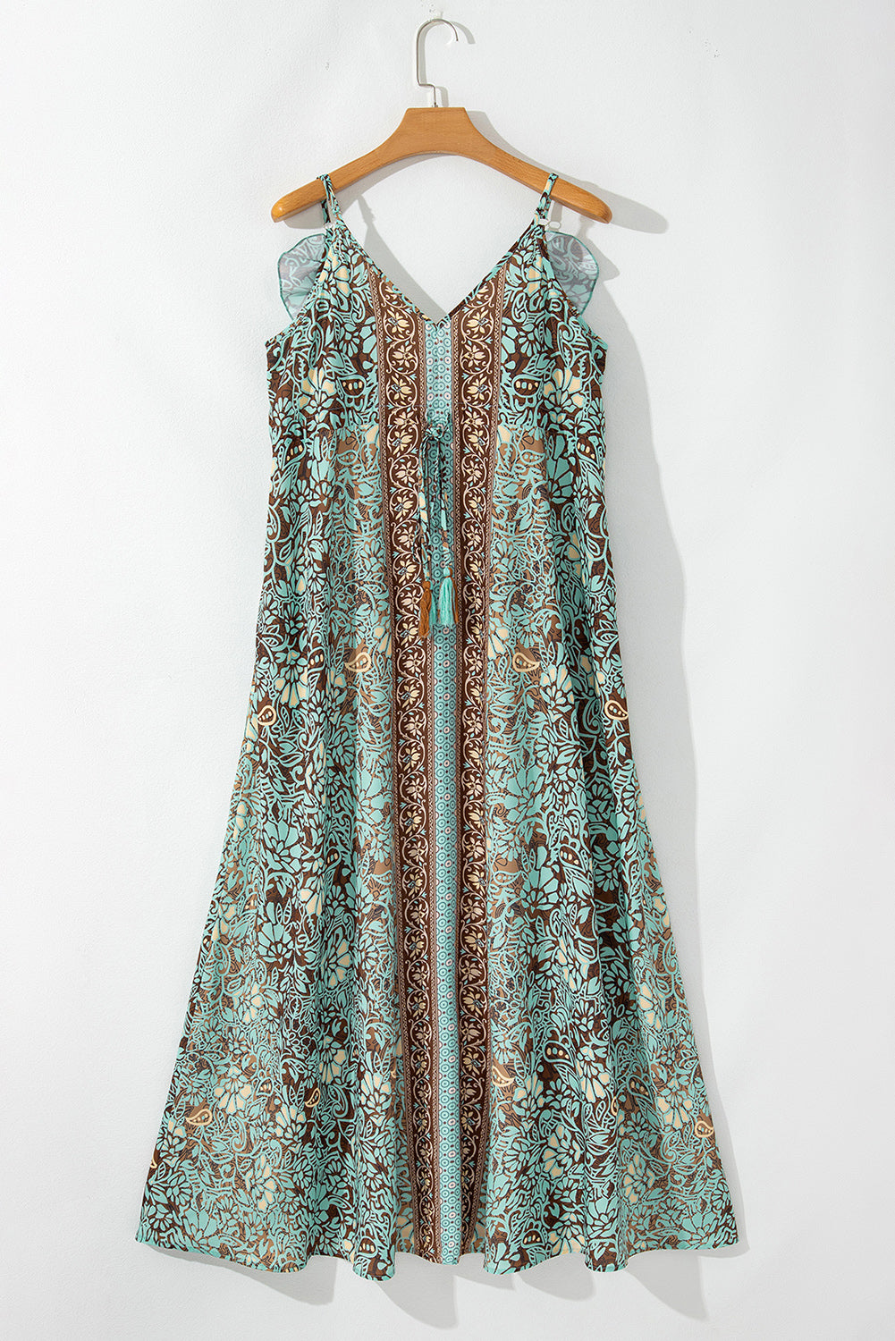 Green Floral Print V Neck Ruffled Trim Backless Tassel Waist Maxi Dress Floral Dresses JT's Designer Fashion