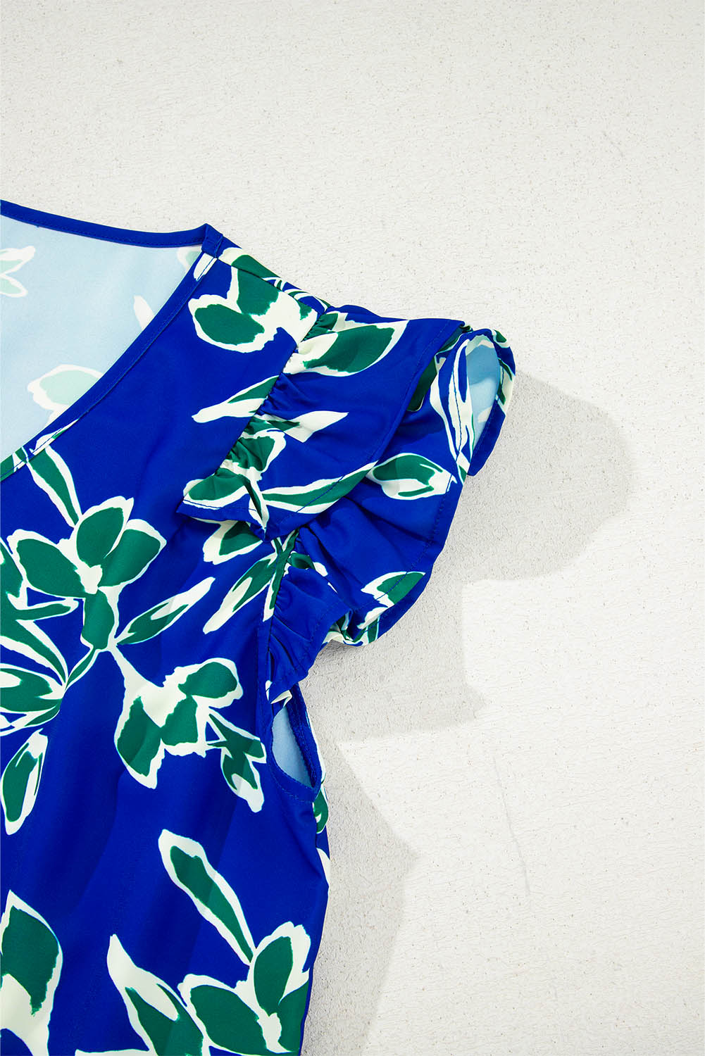 Blue V Neck Floral Print Double Ruffled Short Sleeve Blouse Blouses & Shirts JT's Designer Fashion