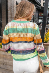 Green Colorblock Patchwork Knit Crochet Eyelet Sweater Sweaters JT's Designer Fashion