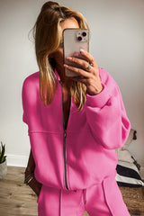 Bright Pink Solid Seamed Zipper Jacket and Drawstring Waist Pants Set Pant Sets JT's Designer Fashion