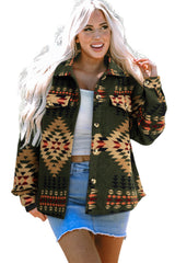 Green Aztec Print Flap Pockets Long Sleeve Shacket Jackets JT's Designer Fashion