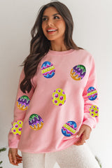 Pink Easter Egg Patched Graphic Drop Shoulder Pullover Sweatshirt Graphic Sweatshirts JT's Designer Fashion