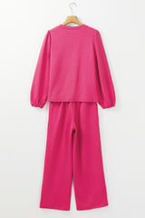 Rose Red Textured Puff Sleeve Top and Pants Set Pant Sets JT's Designer Fashion