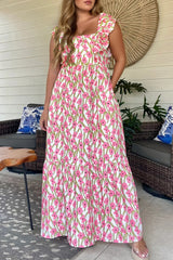 Pink Plus Size Ruffle Trim Square Neck High Waist Floral Maxi Dress Pink 100%Polyester Plus Size Maxi Dresses JT's Designer Fashion