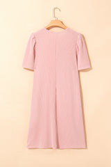 Blossom Corded Knit Crew Neck Puff Sleeve Shift Mini Dress T Shirt Dresses JT's Designer Fashion