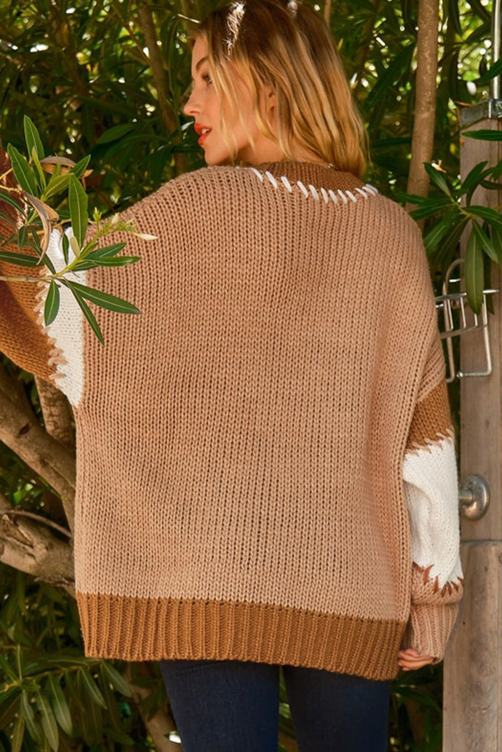 Light French Beige Color Block Contrast Stitch Oversized Sweater Sweaters & Cardigans JT's Designer Fashion