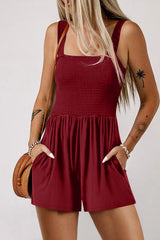 Burgundy Casual Pocketed Smocked Sleeveless Romper Jumpsuits & Rompers JT's Designer Fashion