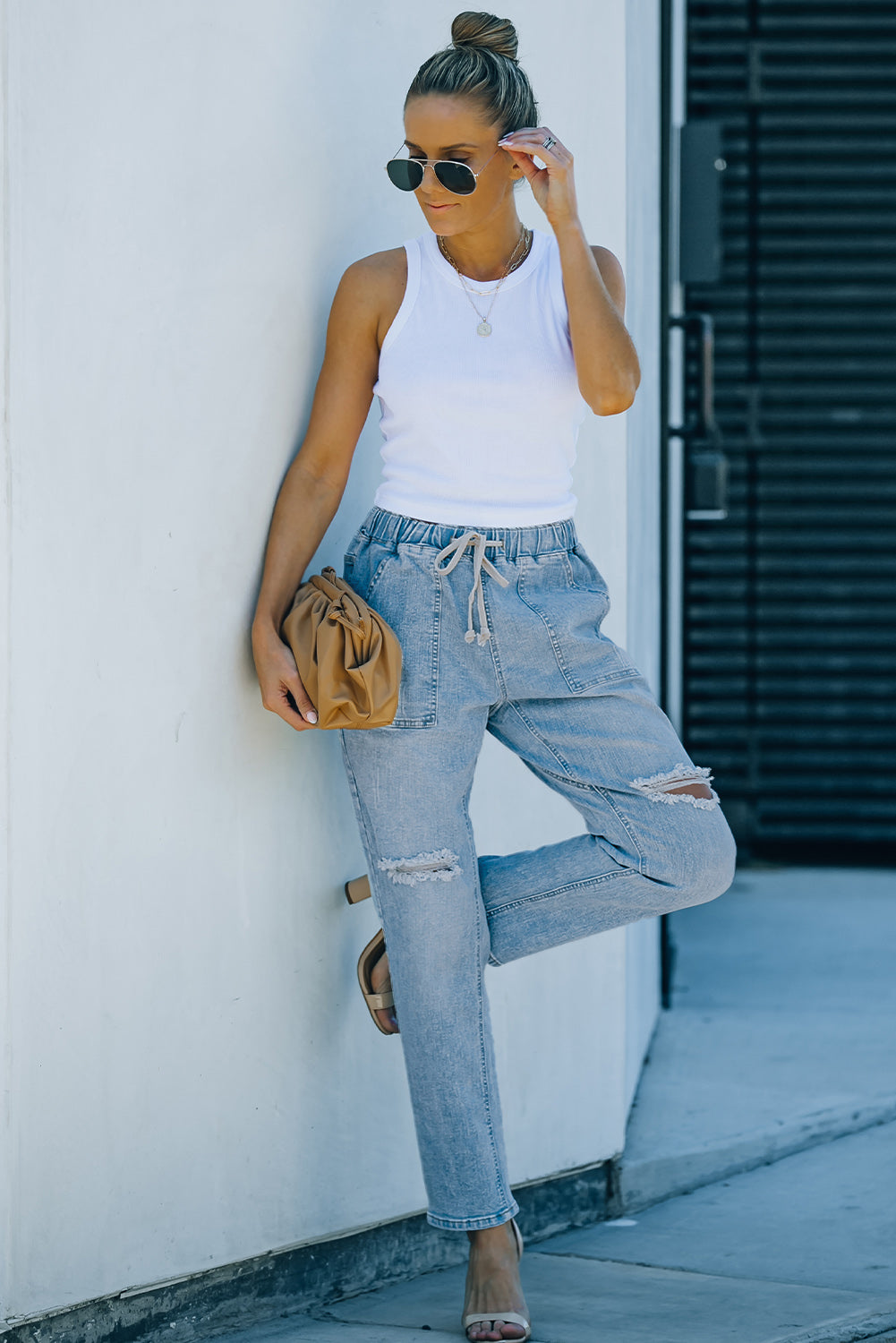 Sky Blue Gather Round Distressed Pocketed Denim Jogger Jeans JT's Designer Fashion