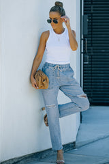 Sky Blue Gather Round Distressed Pocketed Denim Jogger Jeans JT's Designer Fashion