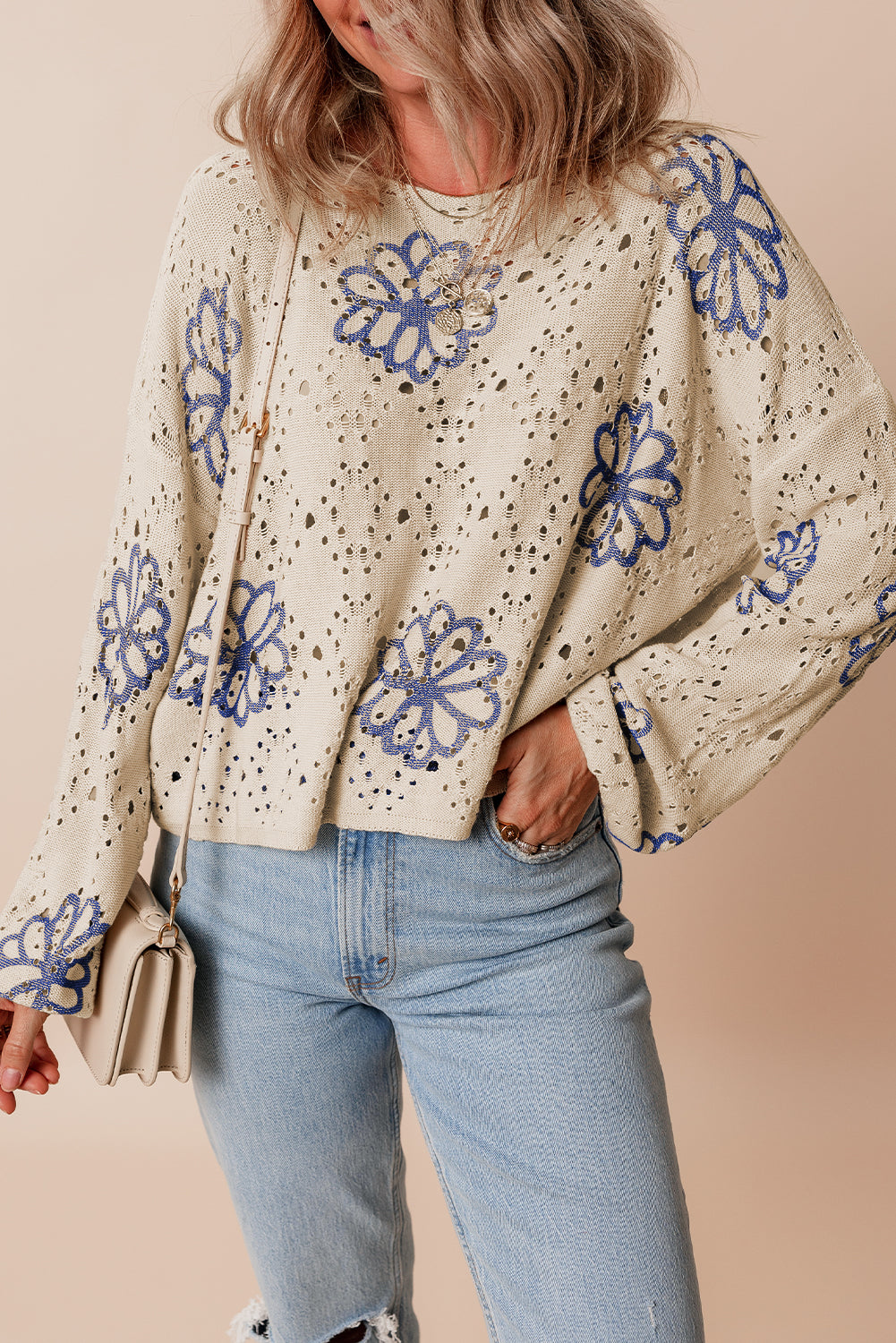 Beige Contrast Flower Print Eyelet Drop Shoulder Sweater Beige 55%Acrylic+45%Cotton Sweaters JT's Designer Fashion