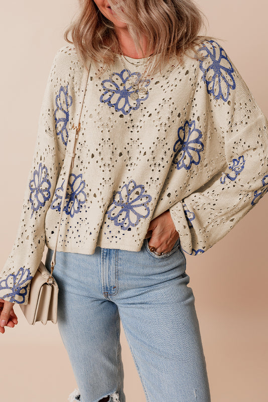 Beige Contrast Flower Print Eyelet Drop Shoulder Sweater Beige 55%Acrylic+45%Cotton Sweaters JT's Designer Fashion