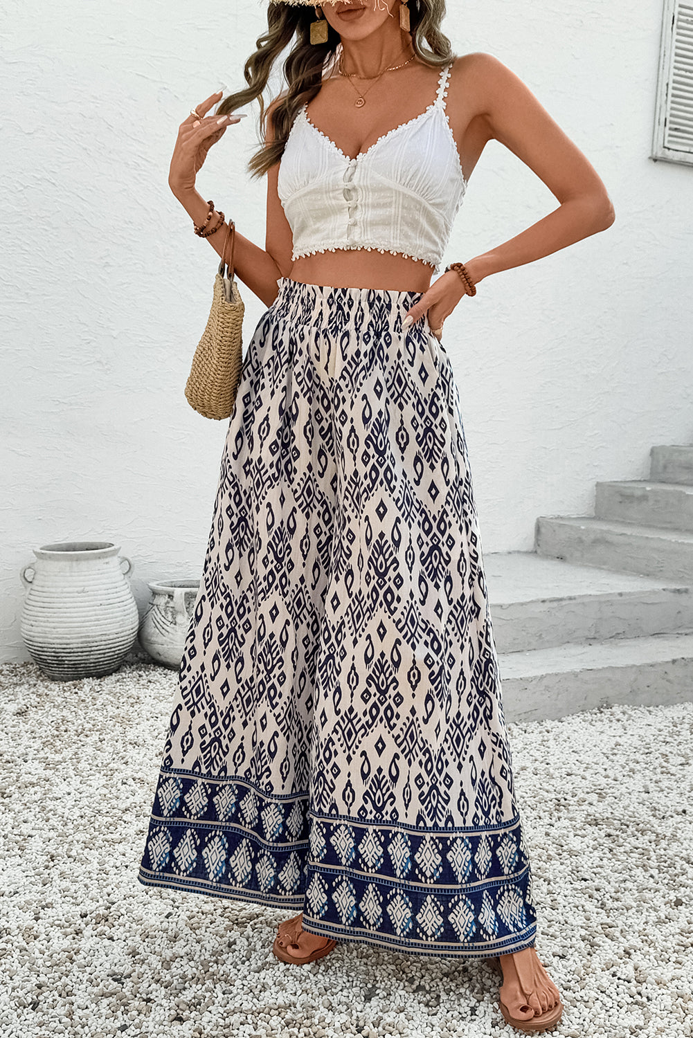 Blue Boho Pattern Print High Waist Wide Leg Loose Pants Pants & Culotte JT's Designer Fashion