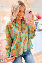 Green Tiger Floral Printed Collared V Neck Casual Shirt Blouses & Shirts JT's Designer Fashion