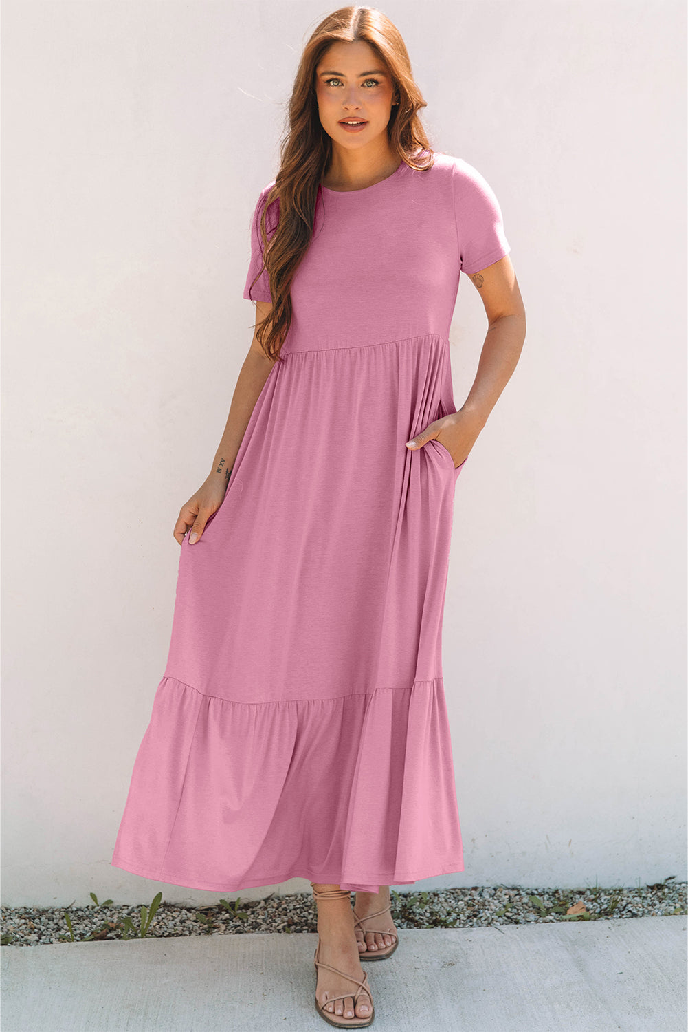 Pink Solid Color T-shirt High Waist Pocketed Long Dress Pink 65%Polyester+30%Viscose+5%Elastane Maxi Dresses JT's Designer Fashion
