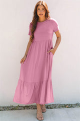 Pink Solid Color T-shirt High Waist Pocketed Long Dress Pink 65%Polyester+30%Viscose+5%Elastane Maxi Dresses JT's Designer Fashion