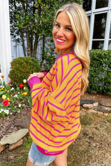 Orange Stripe Trimmed Round Neck Drop Shoulder Loose Sweater Sweaters JT's Designer Fashion