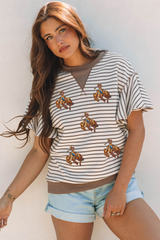 Parchment Sequin Rodeo Patch Pattern Striped Ruffled Sleeve Summer Top Graphic Tees JT's Designer Fashion