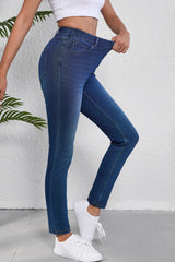 Ashleigh Blue Multiple Pockets Straight Leg Washed Stretchy Knit Casual Jeans Jeans JT's Designer Fashion