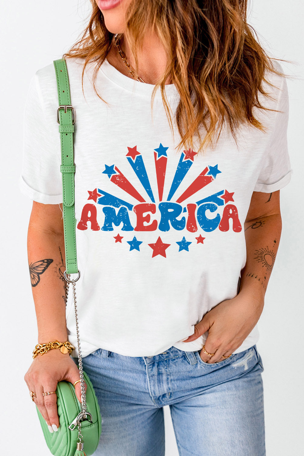 White AMERICA Star Graphic Round Neck Tee Graphic Tees JT's Designer Fashion