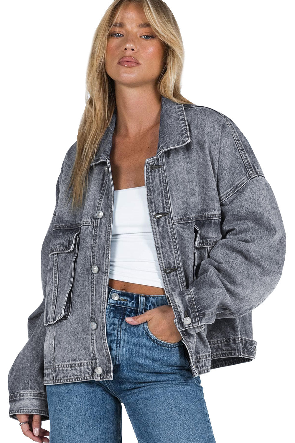 Gray Chest Pockets Drop Shoulder Loose Denim Jacket Denim Jackets JT's Designer Fashion
