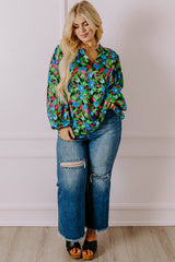 Green Plus Size Floral Bubble Sleeve V Neck Blouse Plus Size Blouses & Shirts JT's Designer Fashion