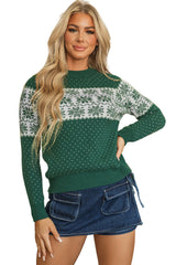 Green Christmas Snowflake Dotted Print Round Neck Sweater Sweaters JT's Designer Fashion