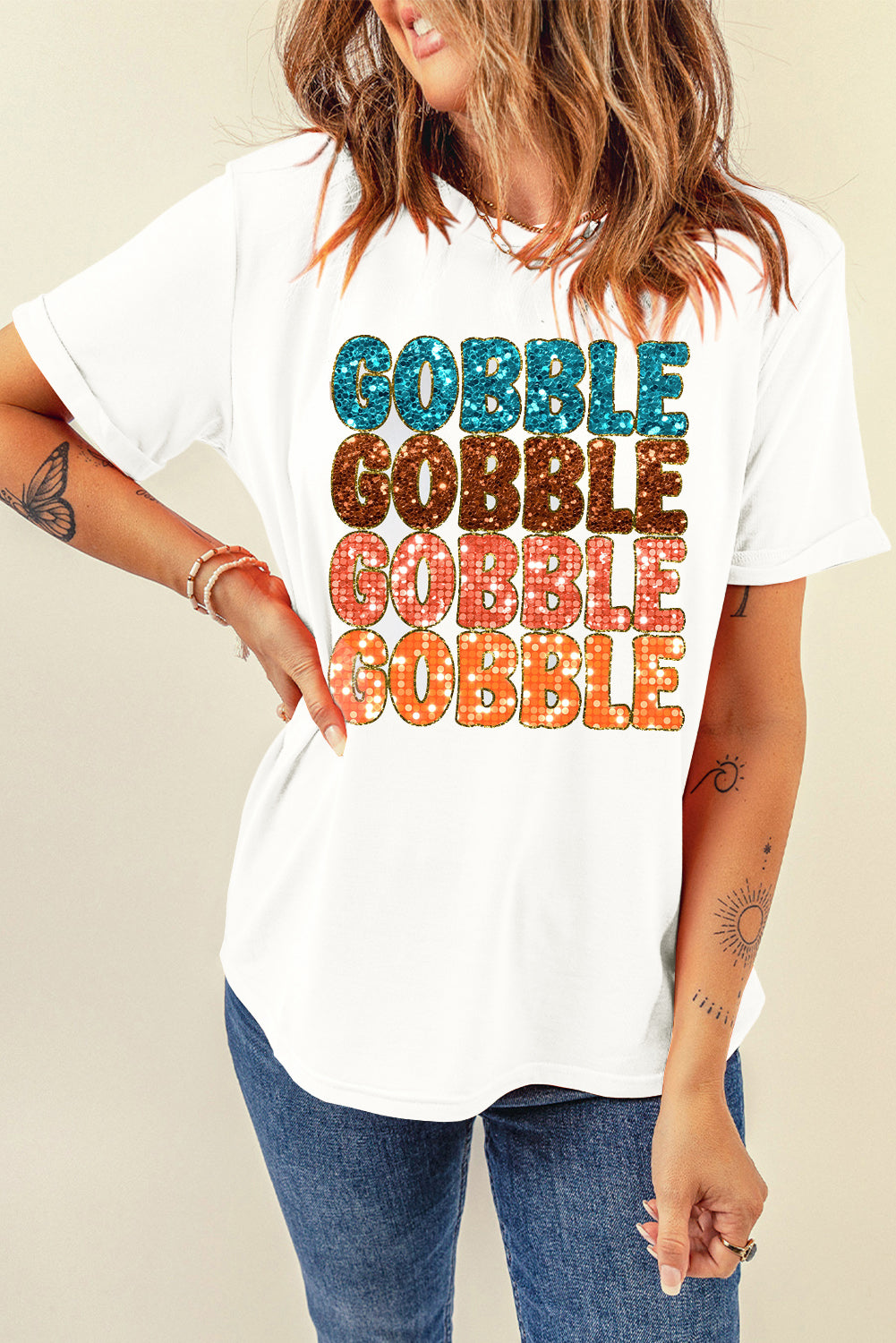 White Glittering GOBBLE Graphic Crewneck Thanksgiving T Shirt Graphic Tees JT's Designer Fashion