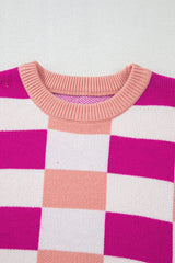 Pink Checkered Ribbed Edge O Neck Drop Shoulder Sweater Sweaters JT's Designer Fashion