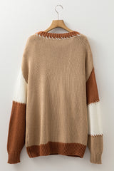 Light French Beige Contrast Stitch Detail Color Block Knitted Plus Size Sweater Plus Size Sweaters & Cardigans JT's Designer Fashion