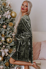 Jungle Green Velvet Long Sleeve V Neck Loose Dress with Pockets Mini Dresses JT's Designer Fashion
