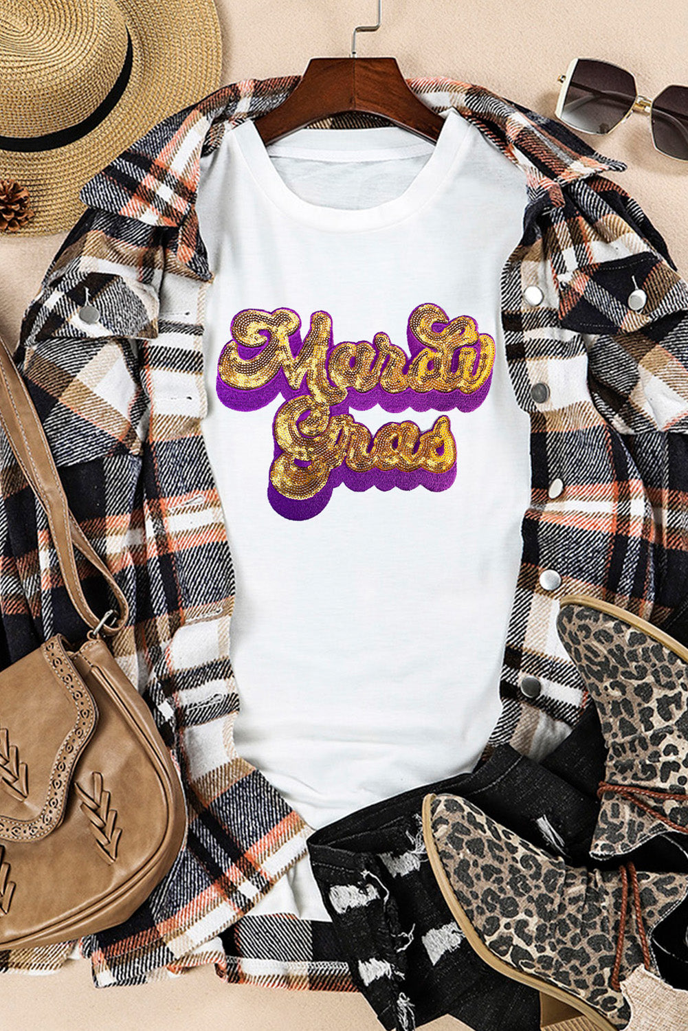 White Mardi Gras Sequin Graphic T-shirt Graphic Tees JT's Designer Fashion