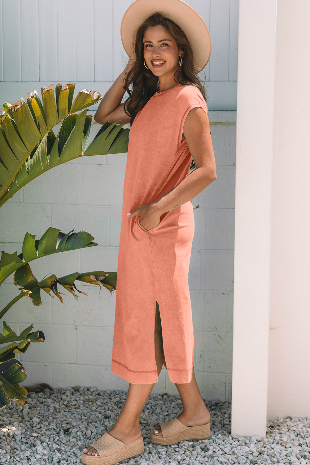 Carrot Mineral Wash Pocketed T-shirt Long Dress T Shirt Dresses JT's Designer Fashion