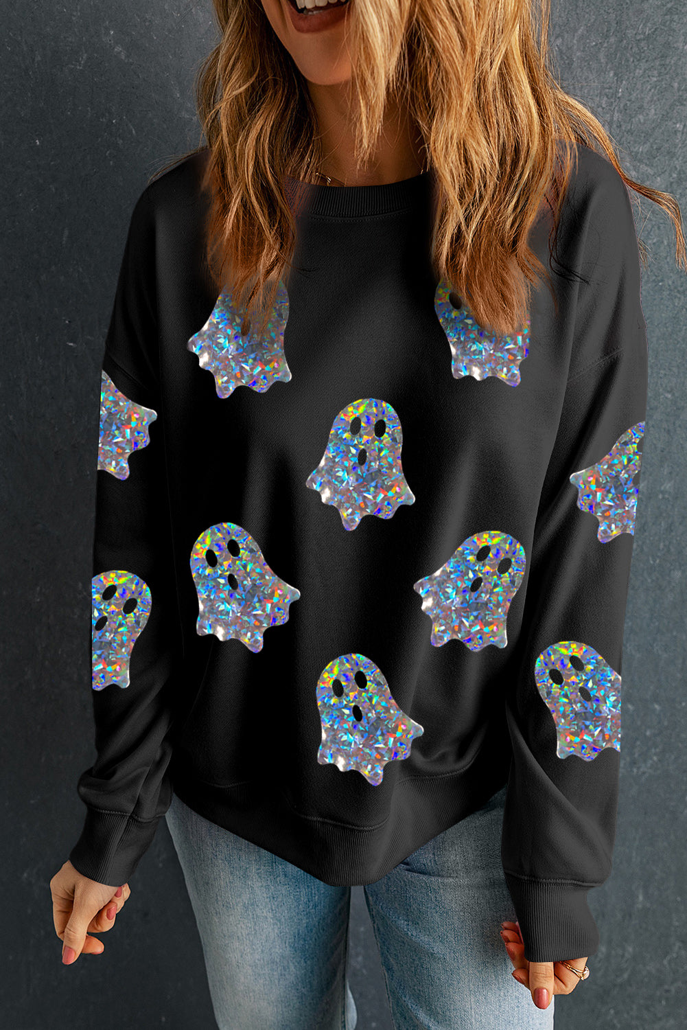 Black Glitter Ghosts Pattern Long Sleeve Halloween Sweatshirt Graphic Sweatshirts JT's Designer Fashion