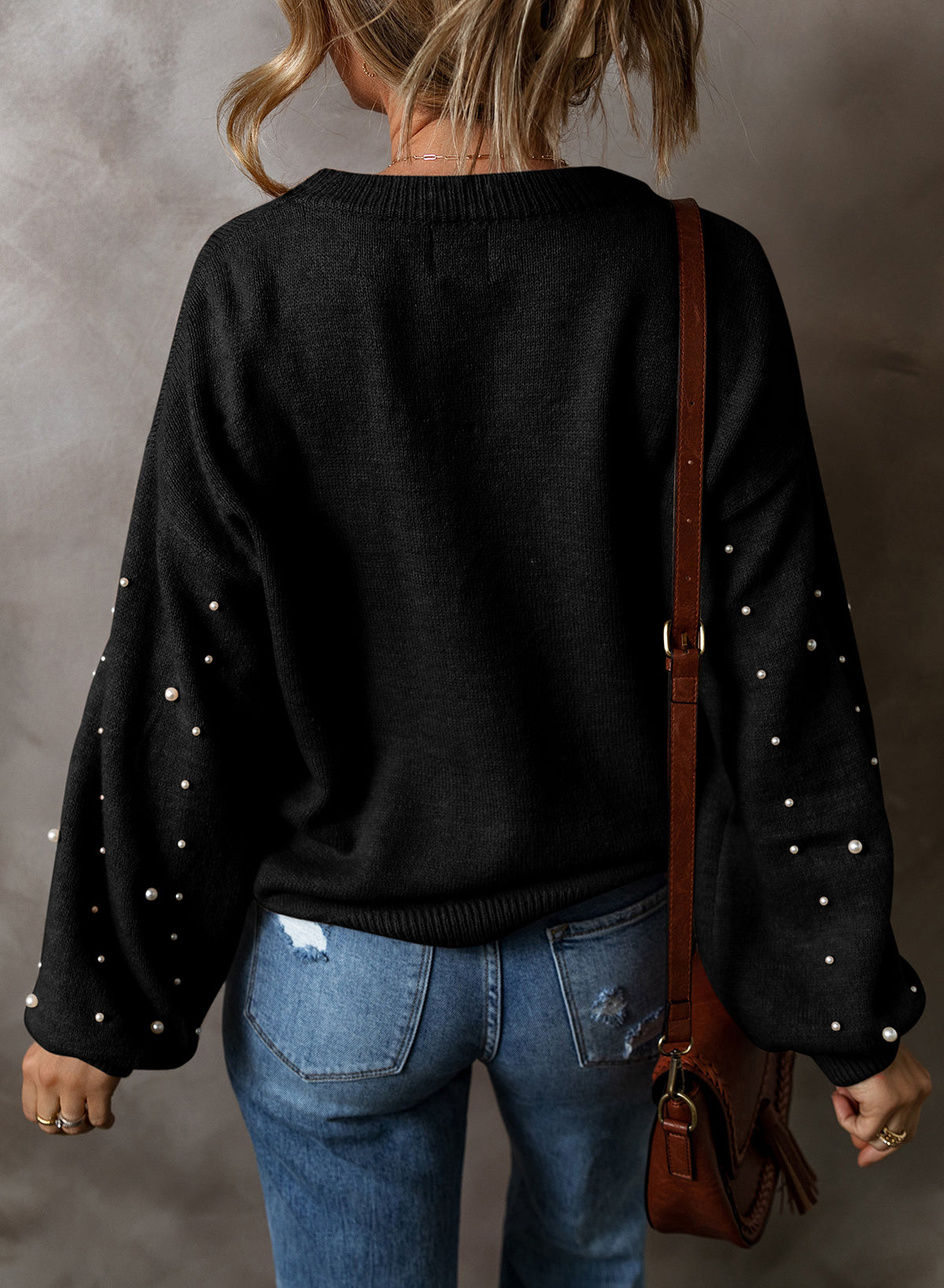Black Pearled Drop Shoulder Round Neck Sweater Sweaters JT's Designer Fashion