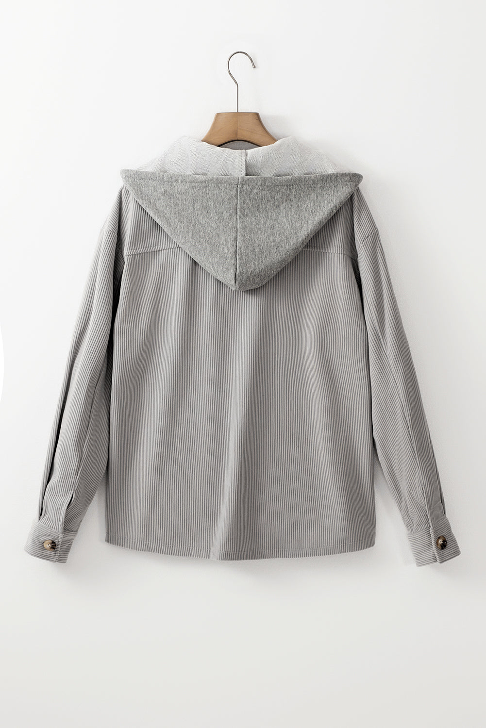 Light Grey Hooded Drawstring Pockets Corduroy Shacket Jackets JT's Designer Fashion